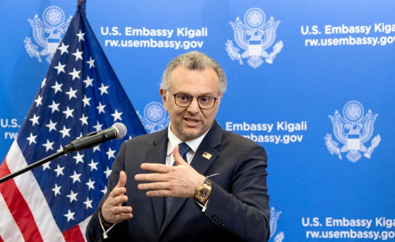 FILE PHOTO: U.S. President Donald Trump's Senior Advisor for Africa Massad Boulos addresses a press conference at the U.S. Embassy in Kigali, Rwanda April 8, 2025. REUTERS/Jean Bizimana/File Photo