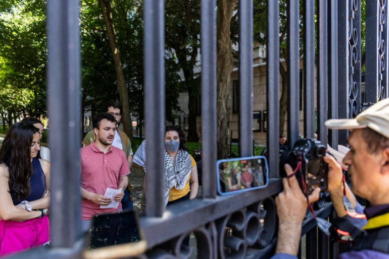 Mahmoud Khalil speaks to members of media about the Revolt for Rafah encampment at Columbia University during the ongoing conflict between Israel and the Palestinian Islamist group Hamas in Gaza, in New York City, U.S., June 1, 2024. REUTERS/Jeenah Moon REFILE - CORRECTING NAME FROM