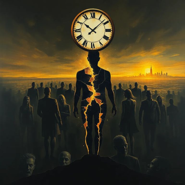An expressive surreal artwork portraying a fragmented human silhouette made of broken glass, standing in the center of a dark, abstract city. The cracks in the figure glow with inner light, symbolizing hidden emotions breaking through. Around the figure, distorted faces scream in silence, melting into the background like shadows. Above, a large, cracked clock floats in the sky, representing the collapse of time and meaning in the modern world. On the horizon, faint outlines of a new world — golden, geometric, clean — emerge like a distant promise. Artistic style: modern expressionism with surreal and symbolic elements, using sharp contrasts of dark and light.