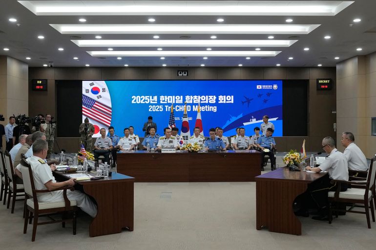 Delegations from of South Korea, Japan, and the United States attend the Trilateral Chiefs of Defense meeting (Tri-CHOD) at the Defense Ministry in Seoul on July 11, 2025