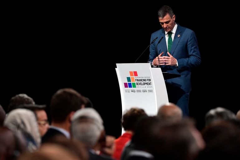 Spanish Prime Minister Pedro Sanchez holds a press conference during the United Nations 4th International Conference on Financing and Development in Seville, on July 1, 2025.