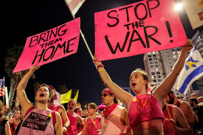 Demonstrators gather for an anti-government protest calling for action to secure the release of Israeli hostages held captive in the Gaza Strip by Palestinian militants since the 2023 October 7 attacks, outside the US embassy branch office in Tel Aviv on July 26, 2025.