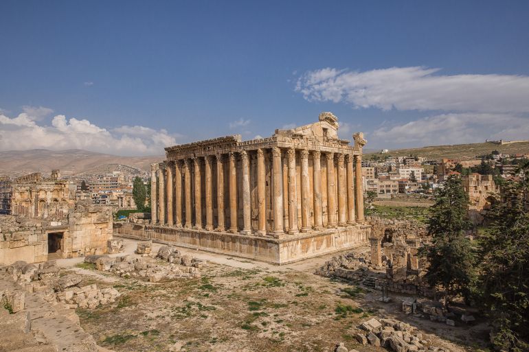 Temple of Bacchus in Baalbek, Lebanon. Bacchus or Dionysus is the god of grape harvest, winemaking and wine.