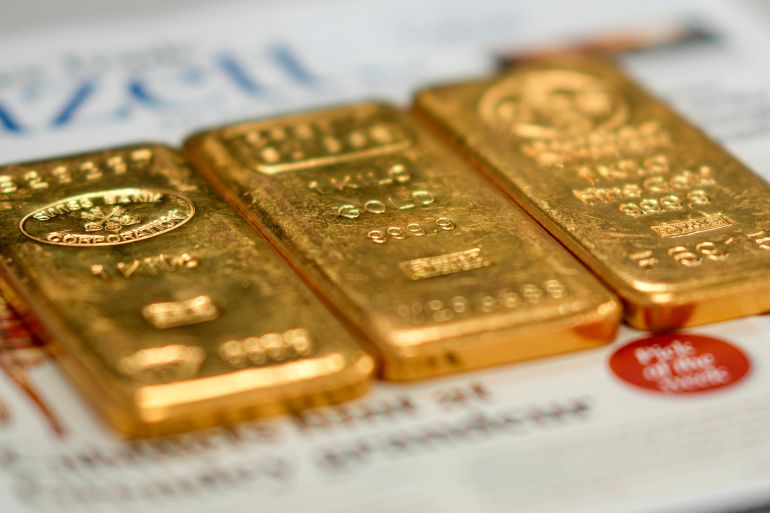 BIRMINGHAM, ENGLAND - DECEMBER 13: three 1kg gold bullion bars lay on the counter in a gold dealers in Birmingham's jewellery quarter on December 13, 2023 in Birmingham, England. Gold prices have increased since the Ukraine War but have soared to record highs since the start of the Hamas-Israel war. Other factors are the weakening US dollar and expected rate cuts from the Federal Reserve. (Photo by Christopher Furlong/Getty Images)
