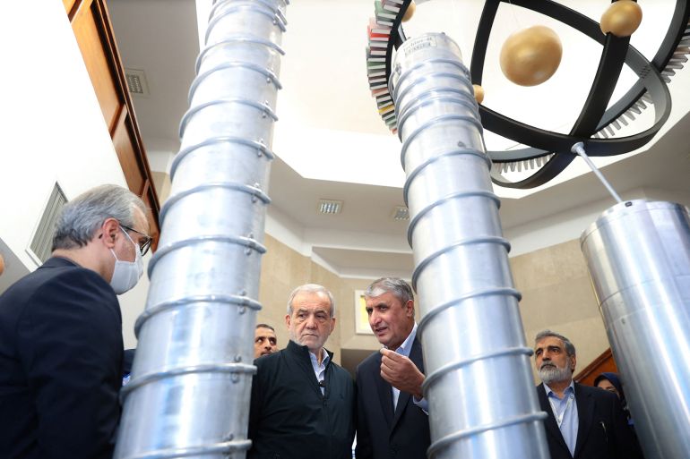 Iran's President Masoud Pezeshkian visits Iran's nuclear achievements exhibition in Tehran, Iran April 9, 2025. Iran's Presidency/WANA (West Asia News Agency)/Handout via REUTERS ATTENTION EDITORS - THIS PICTURE WAS PROVIDED BY A THIRD PARTY.