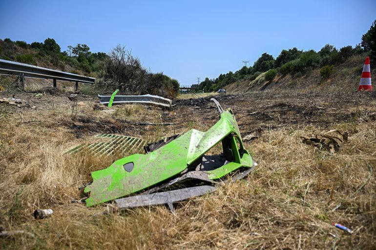ZAMORA, SPAIN - JULY 3: General view of the crash site where Liverpool FC player Diogo Jota and his brother André Silva lost their lives, showing the wreckage of the Lamborghini Huracan at kilometre 65 of the A-52, near the town of Cernadilla, close to Zamora, Spain. The car crash occurred just after midnight on July 3, 2025. Spanish authorities said the vehicle left the road and caught fire upon impact. Both Jota and his brother were killed. (Photo by Octavio Passos/Getty Images)