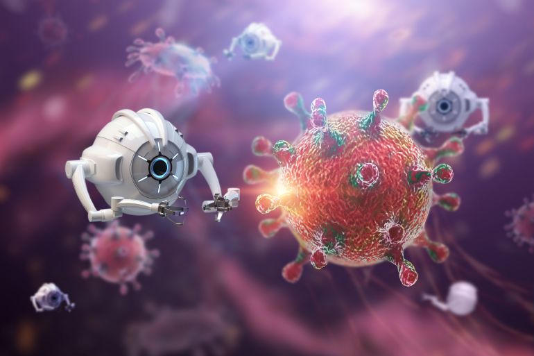 Nanotechnology Genetic engineering and the use of nanorobots to destroy microbes. Medical concept, future ...
