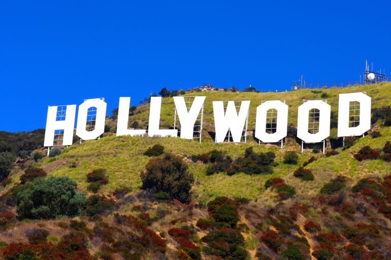Hollywood (Los Angeles) California - October 17, 2023: The world famous landmark HOLLYWOOD Sign perched atop Mount Lee