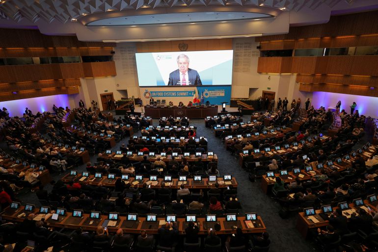 Antonio Guterres, United Nations Secretary-General virtually addresses the opening of the United Nations Food Systems Summit at the United Nations Economic Commission for Africa headquarters in Addis Ababa, Ethiopia, July 28, 2025. REUTERS/ Tiksa Negeri