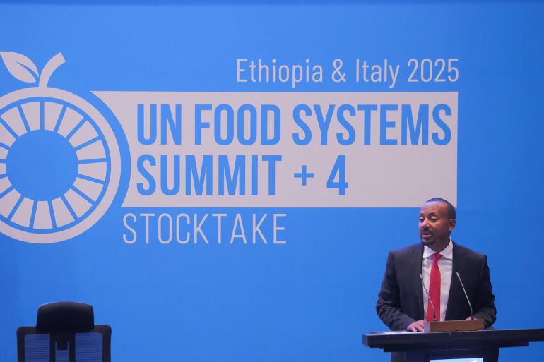 Abiy Ahmed, Prime Minister of Ethiopia, addresses the opening of the United Nations Food Systems Summit at the United Nations Economic Commission for Africa headquarters, in Addis Ababa, Ethiopia, July 28, 2025. REUTERS/ Tiksa Negeri