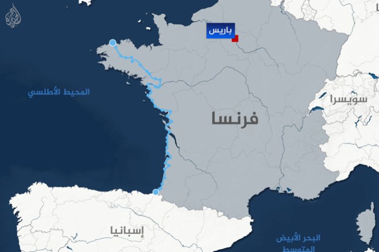 خريطة لفرنسا وعليها مسار الدراجات الهوائية على طول الساحل الأطلسي لفرنسا ويسمى مسار فيلوديسي