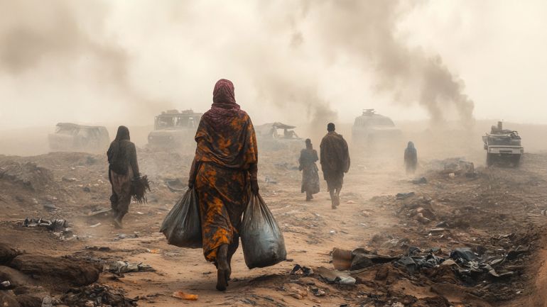 تصميم فنياستشراف الحرب في السودان في عام 2025 وانعكاسها على خريطة السيطرة السودانية وحالتي اللجوء والنزوح - الجزيرة - ميدجورني
