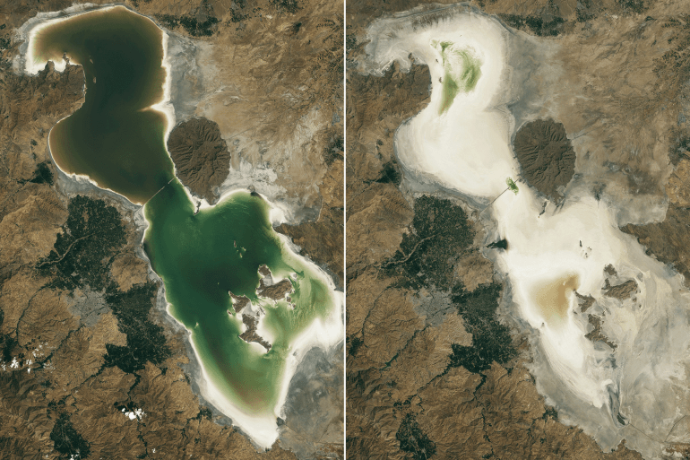 (COMBO) This combination of handout satellite images courtesy of NASA's Earth Observatory taken on (L) September 6, 2020 and on (R) September 7, 2023 by the the OLI-2 (Operational Land Imager-2) on Landsat 9 shows views of the Lake Urmia endorheic salt lake in northwestern Iran, when water filled most of the basin and salt deposits were only visible around the perimeter of the lake and of the desiccated lakebed three years later. After rapidly growing in volume just a few years earlier, northwest Iran's Lake Urmia nearly dried out in autumn 2023. The largest lake in the Middle East and one of the largest hypersaline lakes on Earth at its greatest extent, Lake Urmia has for the most part transformed into a vast, dry salt flat. (Photo by NASA Earth Observatory / AFP) / RESTRICTED TO EDITORIAL USE - MANDATORY CREDIT 
