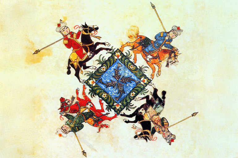 Egypt-Syria: Mamluk cavalry. An illustration from the 'Complete Instructions in the Practices of Military Art' attributed to Muhammad Ibn Isa Aqsarai, c. 1375-1400 CE The Nih_yat al-suÕl wa-al-umniyah f_ taÔallum aÔm_l al-fur_s_yah ________ _______ _ __________ __ ________ _______ ____________ by Mu_ammad ibn Ô_s‡ Aqsar_Õ_ ____________ _ _______ __ _______ iis one of the best known works of cavalry training from the Islamic Middle East. It was compiled during the time of the Mamluk Sultanate (1250-1517), however, most of the book consists of material from earlier works. Some date back to the time of the 'Abbasid Caliphs of Baghdad in the 9th or even late 8th century. The Nihayat al-Su'l itself was compiled following an attack upon Alexandria by Crusader pirates operating from Cyprus in 1365. By that time, however, the Crusaders were a secondary threat as far as the Mamluks were concerned. The Mongols who occupied most of Asia beyond the Euphrates were much more serious. Traditionally the Nihayat al-Su'l is attributed to Muhammad ibn 'Isa al-Hanafi al-Aqsara'i who is said to have died in Damascus in 1348 after spending most of his life in Syria. (Photo by: Pictures From History/Universal Images Group via Getty Images) مماليك