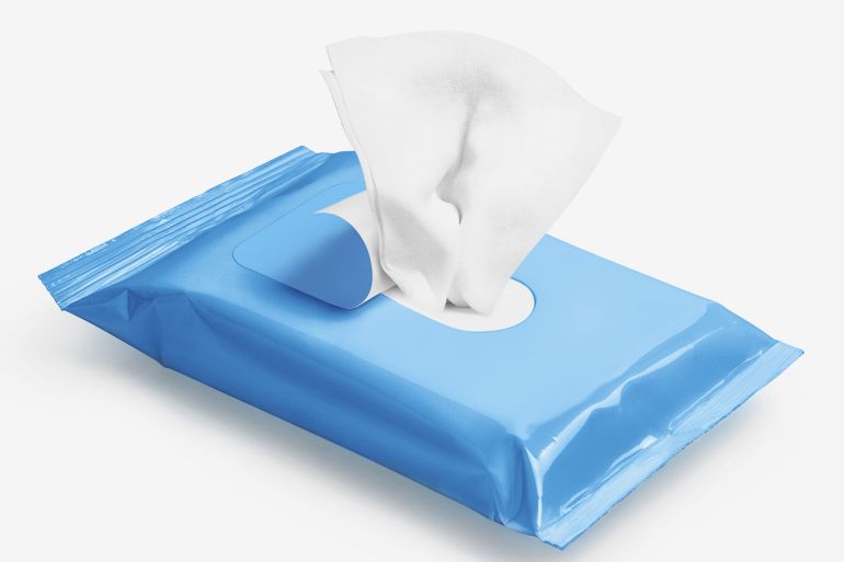Blue wipes flow pack, isolated on white background