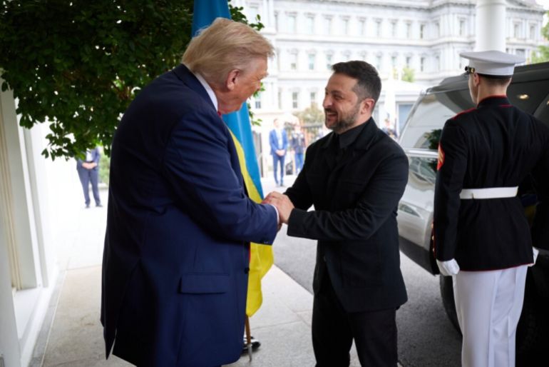 WASHINGTON D.C., UNITED STATES - AUGUST 19: (----EDITORIAL USE ONLY - MANDATORY CREDIT - 'UKRAINIAN PRESIDENCY / HANDOUT' - NO MARKETING NO ADVERTISING CAMPAIGNS - DISTRIBUTED AS A SERVICE TO CLIENTS----) Ukrainian President Volodymyr Zelenskyy (2nd L) meets with US President Donald Trump in Washington D.C., United States on August 19, 2025. Zelenskyy stated that Ukraine is ready for any format of negotiations, including a bilateral meeting with Russia at the leadership level. (Photo by Ukrainian Presidency / Handout/Anadolu via Getty Images)
