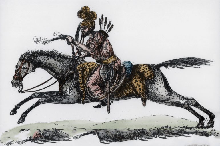 Mameluke chief, 1798.Artist: James Gillray Mameluke chief, 1798. 'Supposed to be, a correct representation of a Mamaluke Chief; from a Sketch by a French Officer by whom he was taken Prisoner'. Hand-coloured later. (Photo by The Print Collector/Print Collector/Getty Images) مماليك