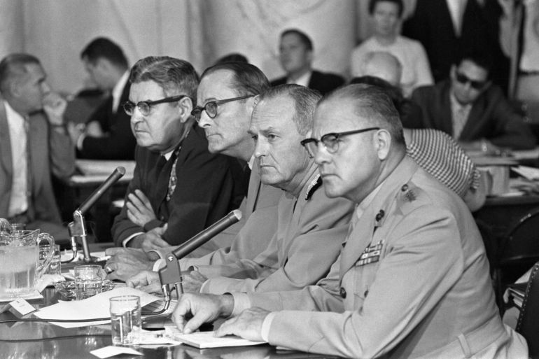 The nation‘s four service chiefs today gave first-hand endorsement of the limited nuclear test ban treaty although the Air Force Chief and Navy leaders expressed concern about the Soviet Union's lead in the ‘big bomb' field. Shown as they appeared before the Senate Foreign Relations, Armed Services, and Joint Atomic Committees are, left to right: Gen. Curtis LeMay, Air Force chief of Staff; Gen. Earle G. Wheeler, Army Chief of Staff; Adm. David L. McDonald, Chief of Naval Operations; and Gen. David M. Shoup, Marine Corps Commandant.