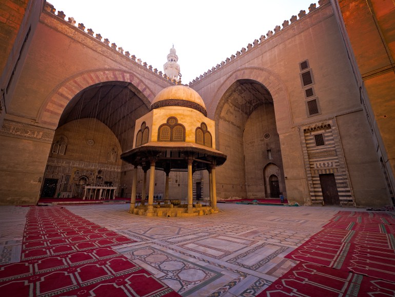 The Mosque-Madrassa of Sultan Hassan is a massive Mamluk era mosque and madrassa located near the Citadel in Cairo. Its construction began 757 AH/1356 CE with work ending three years later