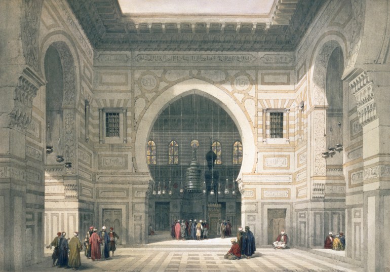 Interior of the Mosque of Sultan Hassan, Cairo, Egypt, 19th century. View inside the mosque built by the Mamluks in the 14th century. From Egypt and Nubia, Vol 3, by David Roberts. Artist David Roberts. (Photo by Historica Graphica Collection/Heritage Images/Getty Images) مماليك - تراث