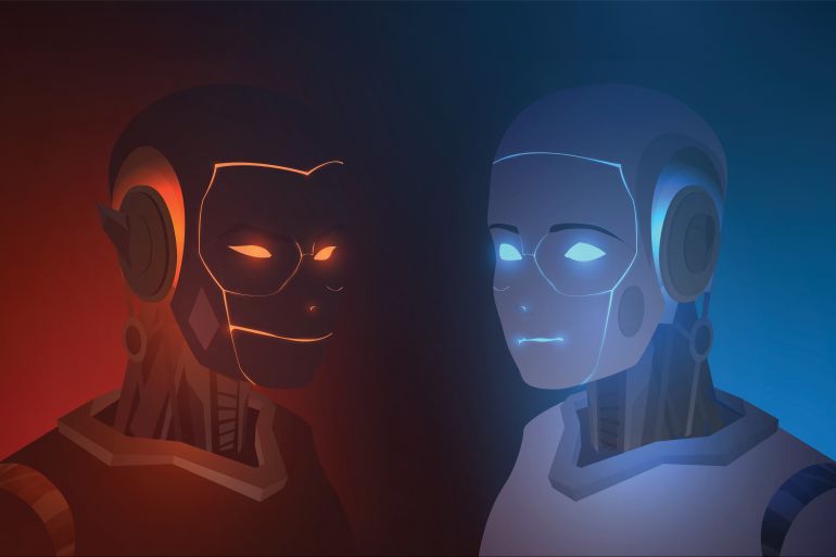 Bad and good robot with glowing eyes, the confrontation of two androids