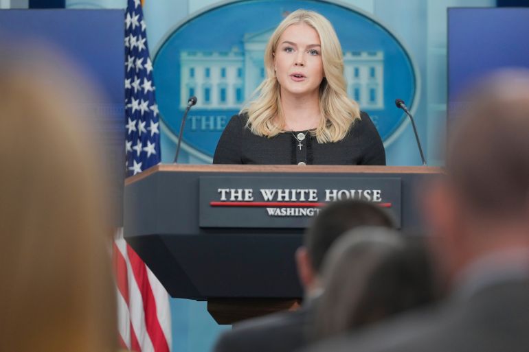 White House press secretary Karoline Leavitt speaks during a press briefing at the White House in Washington, Thursday, Aug. 28, 2025. (AP Photo/Mark Schiefelbein)