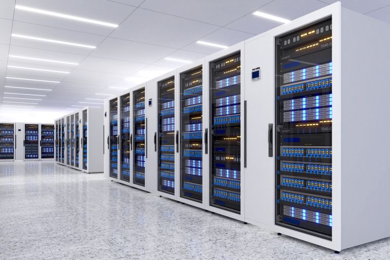 Shot of Data Center With Multiple Rows of Fully Operational Server Racks. Modern Telecommunications,Data center cooling,server room,3d rendering