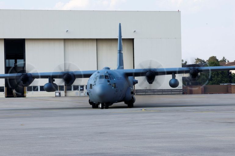 A C-130 Hercules plane is seen on the day of the annual multinational crisis response training SABER GUARDIAN 23 HOSPEX with a medical focus, at the U.S. Air Force Base in Ramstein, Germany, June 6, 2023. REUTERS/Heiko Becker
