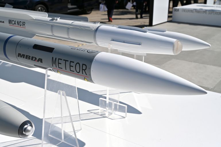 FARNBOROUGH, ENGLAND - JULY 22: A Meteor, Beyond visual range air-to-air missile (BVRAAM) and a MICA NG IR are displayed at the MBDA exhibition hall during the Farnborough International Airshow 2024 at Farnborough International Exhibition and Conference Centre on July 22, 2024 in Farnborough, England. Farnborough International Airshow 2024 is host to leading innovators from the aerospace, aviation and defence industries. (Photo by John Keeble/Getty Images)