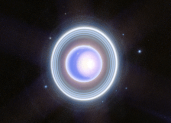 This image of Uranus from the James Webb Telescope's Near-Infrared Camera (NIRCam) shows Uranus’s seasonal north polar cap and dim inner and outer rings. This Webb image also shows 9 of the planet’s 27 moons.NASA, ESA, CSA, STScI