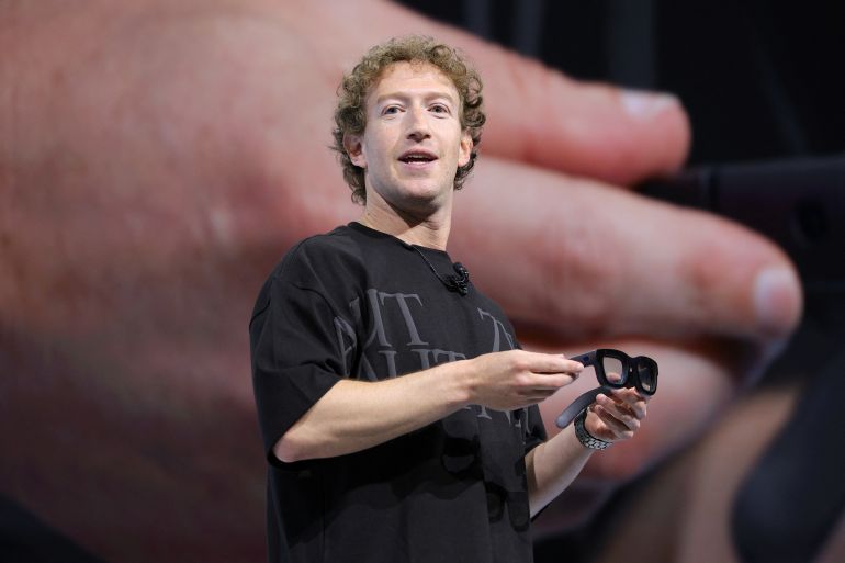 Meta CEO Mark Zuckerberg presents Orion AR glasses at the Meta Connect annual event at the company's headquarters in Menlo Park, California, U.S., September 25, 2024. REUTERS/Manuel Orbegozo